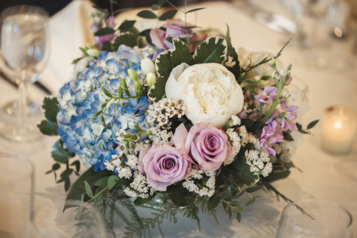 blue hydrangea, ocean song rose, white peony